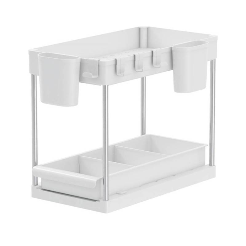 Rangement sous évier/étagère cuisine, blanc, 2 niveaux avec tiroir