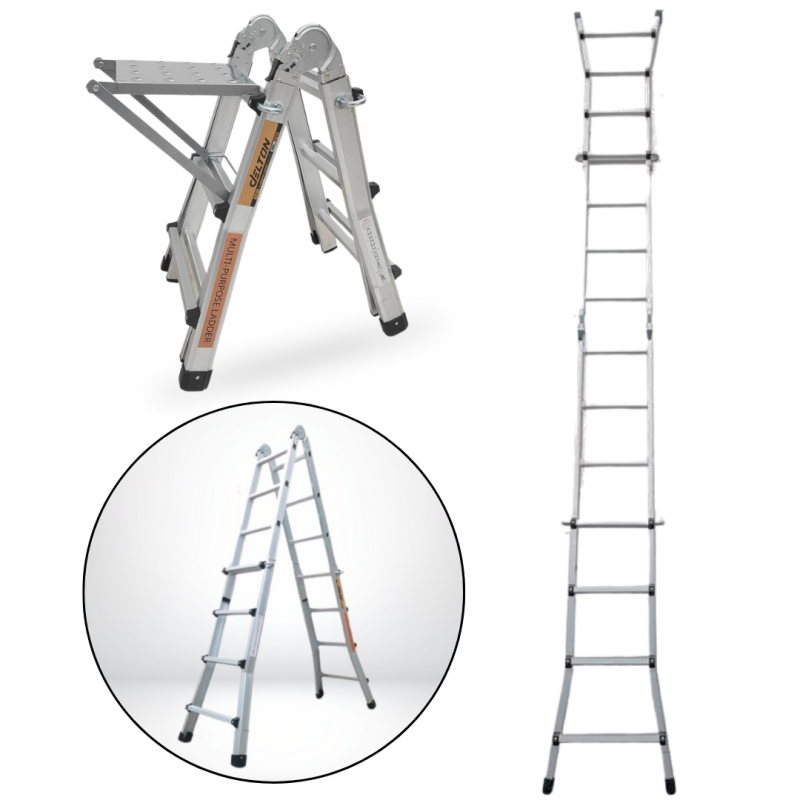 Échelle articulée pliante et télescopique en aluminium 4x3 marches 2,81m + 1 tablette