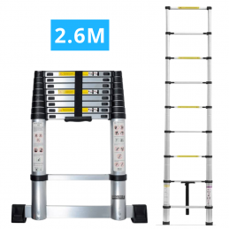 Echelle télescopique en aluminium 9 marches H 2,6M avec barre stabilisatrice