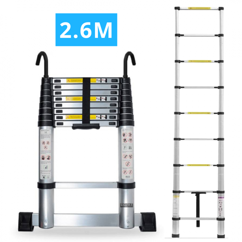 Echelle télescopique en aluminium 9 marches H 2,6M avec crochets démontables et barre stabilisatrice