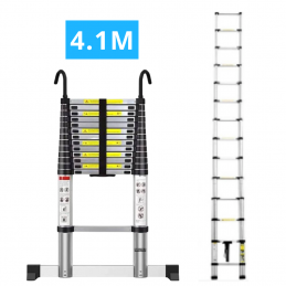 Echelle télescopique en aluminium 14 marches H 4,1M avec crochets démontables et barre stabilisatrice