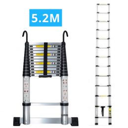 Echelle télescopique en aluminium 15 marches H 5,2M avec crochets démontables et barre stabilisatrice