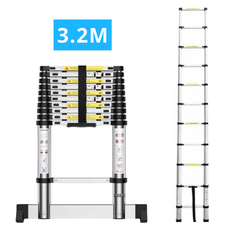 Echelle télescopique en aluminium 11 marches H3,2 m avec barre stabilisatrice