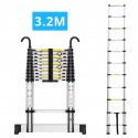 Echelle télescopique aluminium 11 marches H 3,2M avec crochets démontables et barre stabilisatrice