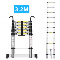 Echelle télescopique en aluminium 11 marches H 3,2M avec crochets démontables et barre stabilisatrice