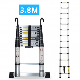 Echelle télescopique en aluminium 13 marches H 3,8M avec crochets démontables et barre stabilisatrice