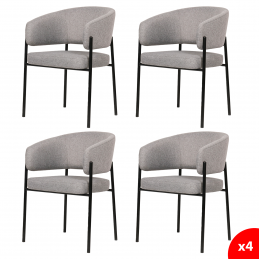 Lot de 4 chaises de salle à manger avec accoudoirs - tissus gris - pieds en métal noir - LOU