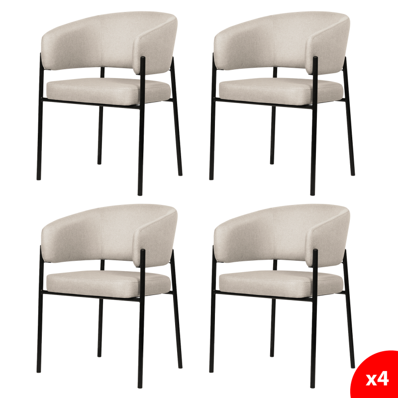 Lot de 4 chaises de salle à manger avec accoudoirs - tissus beige - pieds en métal noir - LOU