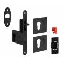 Serrure porte coulissante à crochet - Noir Mat - Axe 50mm - Rosaces carrées cylindre I + tire-doigts + gache
