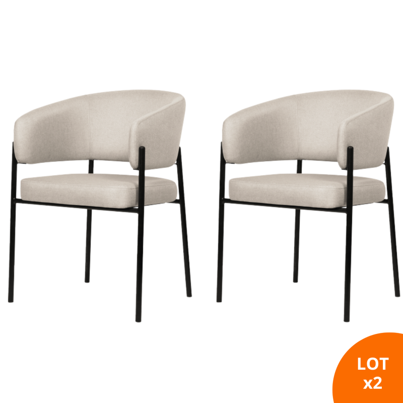 Lot de 2 chaises de salle à manger avec accoudoirs tissus beige - pieds en métal noir - LOU