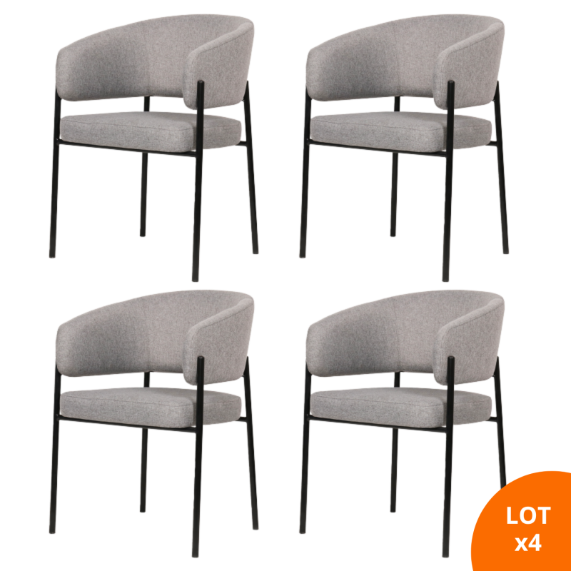 Lot de 4 chaises de salle à manger avec accoudoirs - tissus gris - pieds en métal noir - LOU